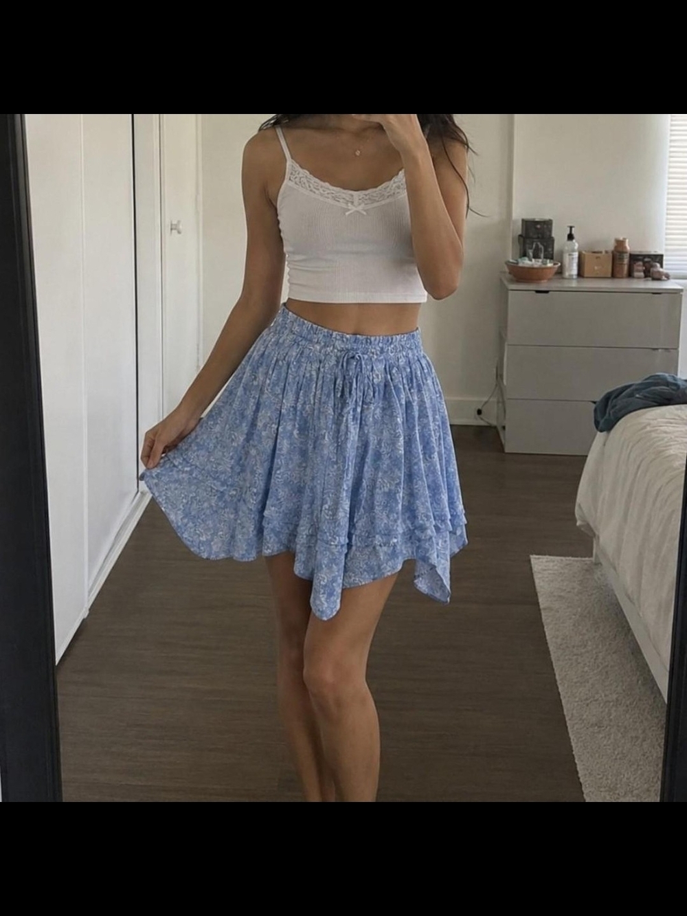 Light Blue Floral Asymmetrical Mini Skirt - Shorts Skirt